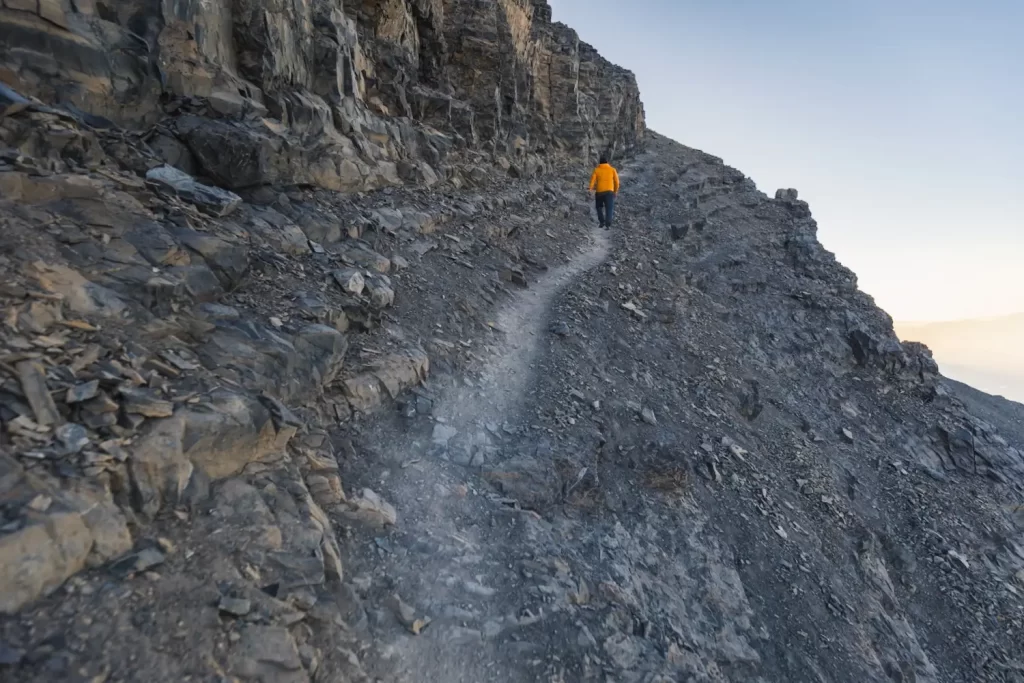 A narrow rocky path near the summit of Mount Rundle