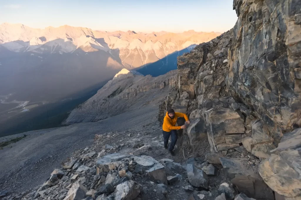 Scrambling up to the summit of EEOR in Canmore