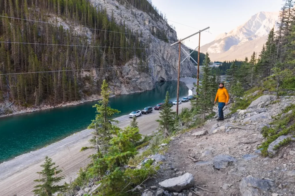 Near the beginning of the east End of Rundle Hike, with White Man's Pond visible below