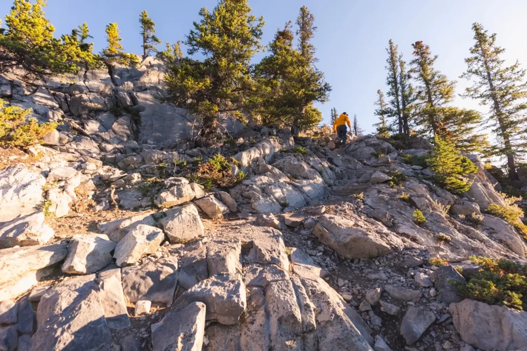 Hiking up a rocky and unclear path up East End of Rundle