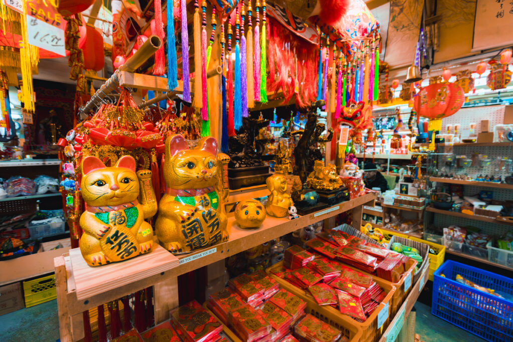 Lucky cats and other items on display in Chinatown Victoria