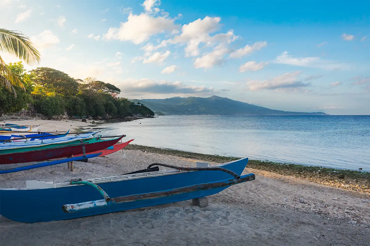 Several colorful wooden boats rest on a sandy beach beside calm blue water, with green hills and a partly cloudy sky in the background—a perfect scene from Moalboal tourist spots. A palm tree is visible on the left side of the image.