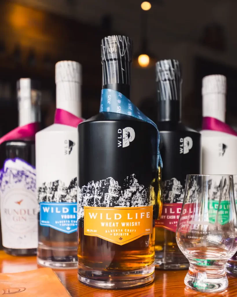 Five bottles of Wild Life Distillery spirits, including gin and wheat whisky, are arranged on a wooden surface in Canmore. A clear glass sits in front of the bottles, with a blurred background featuring warm lighting.