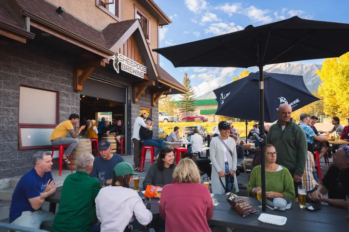 People sit at outdoor tables and benches at Sheepdog Brewing’s patio in Canmore on a sunny day, talking, eating, and drinking. Mountains and trees provide a scenic backdrop to this lively brewery gathering.