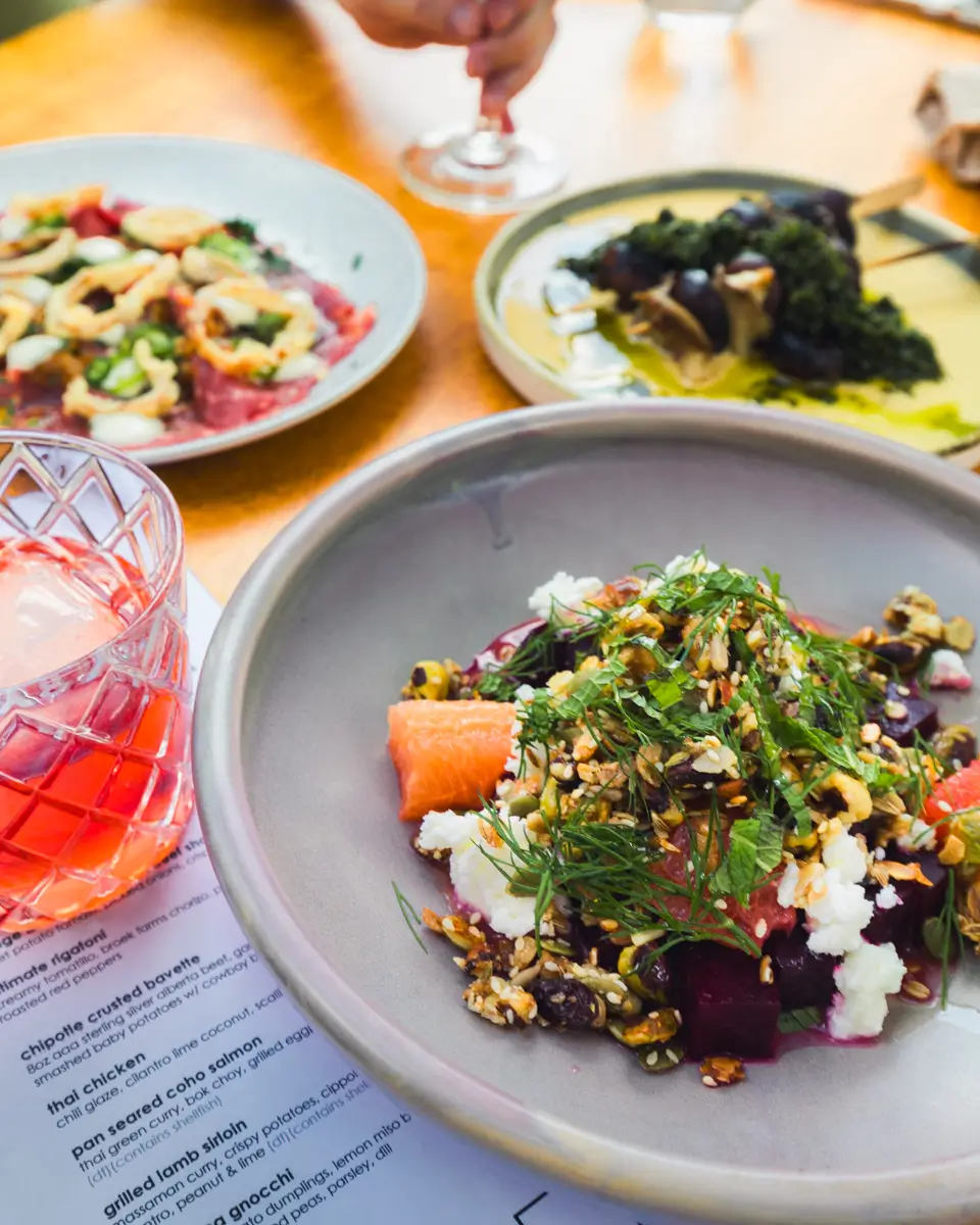 A plate of food on a table in Canmore, ready to be enjoyed after a day of exploring the mountains.