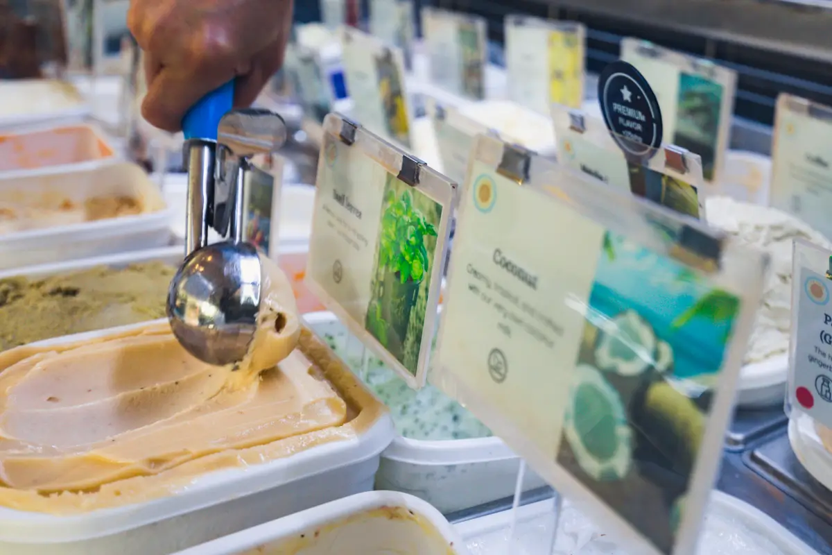 A hand uses an ice cream scoop to serve a portion from a tub of light brown gelato at a Moalboal display counter, with several other gelato tubs and flavor labels visible in the background.