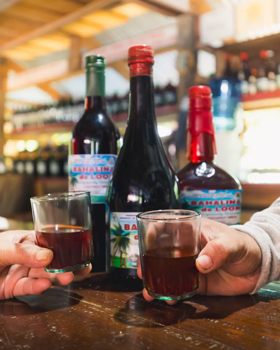 Two hands hold glasses of dark liquor in front of three bottles labeled “Bahalina de Loon” from Bohol on a wooden table, with wine bottles visible on shelves in the background.