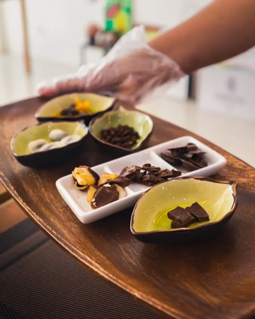 A hand wearing a plastic glove holds a wooden tray with five small bowls of Bohol chocolates and chocolate pieces. The tray rests on a dark surface, with the background softly out of focus.