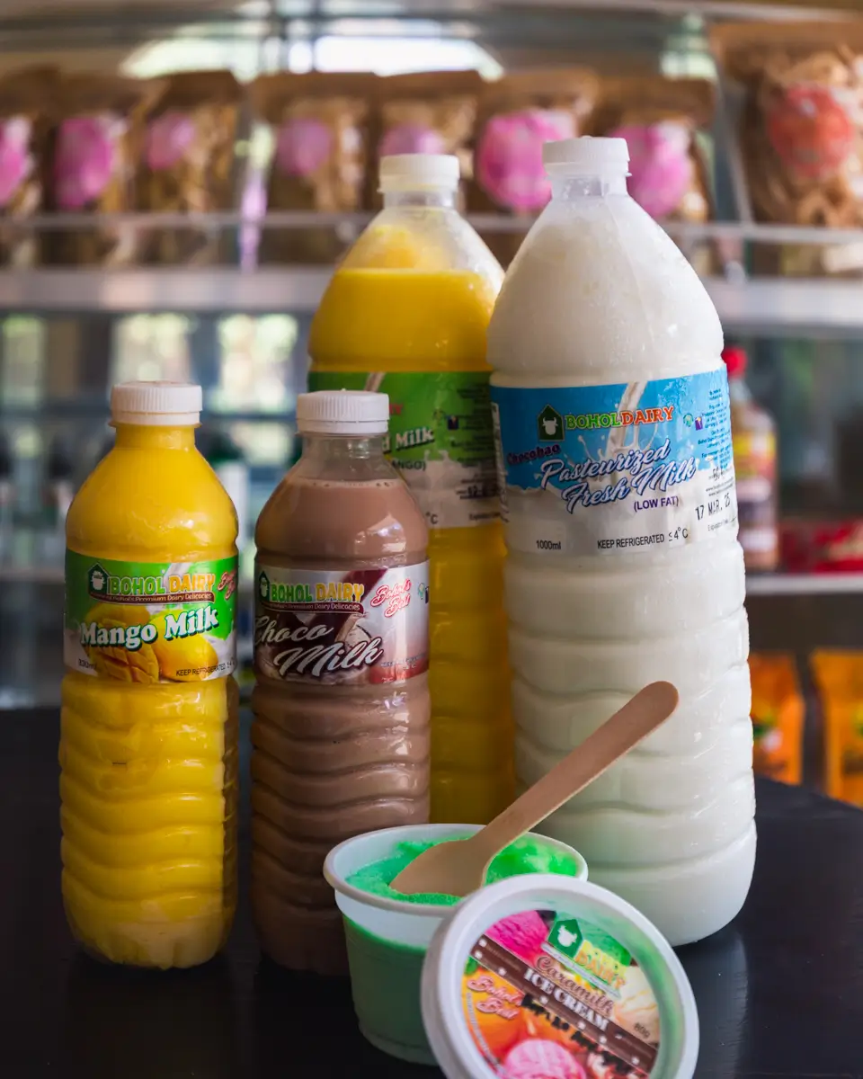 Four bottles of flavored milk—mango, chocolate, pineapple, and plain—stand on a table in Bohol. In front is an opened cup of green ice cream with a wooden spoon. Shelves with packaged goods are blurred in the background.