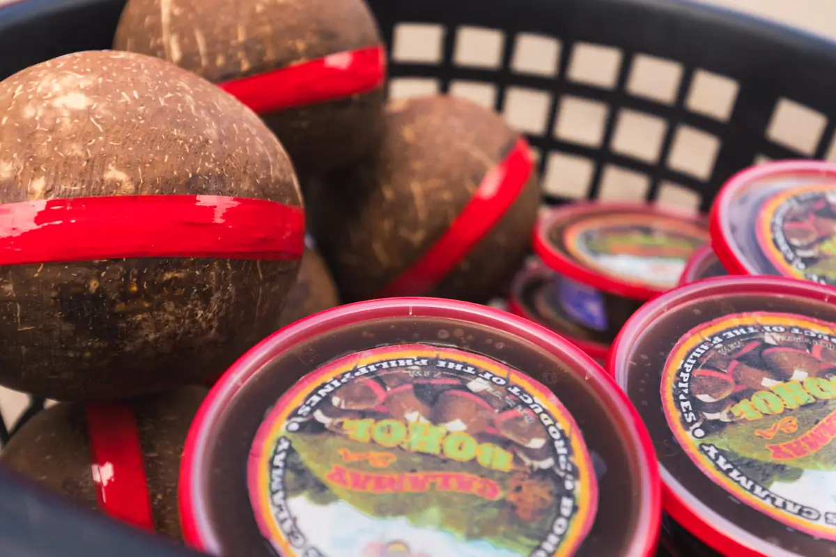 A black basket contains round coconuts with red bands and several plastic containers with colorful labels, likely filled with Bohol’s famous coconut or tropical products.