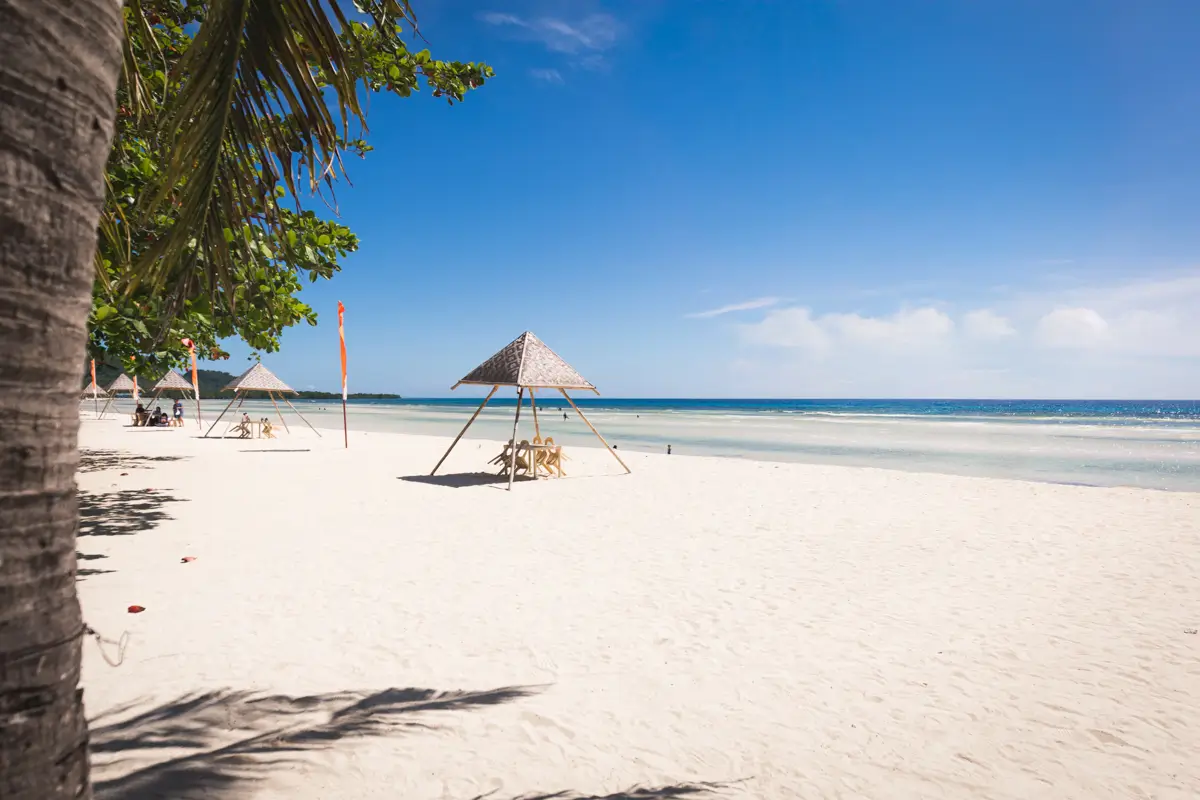 A sandy Bohol beach with clear blue water, white sand, and several thatched-roof shade structures. A few chairs rest under the shades, with palm tree leaves visible on the left side of the image.