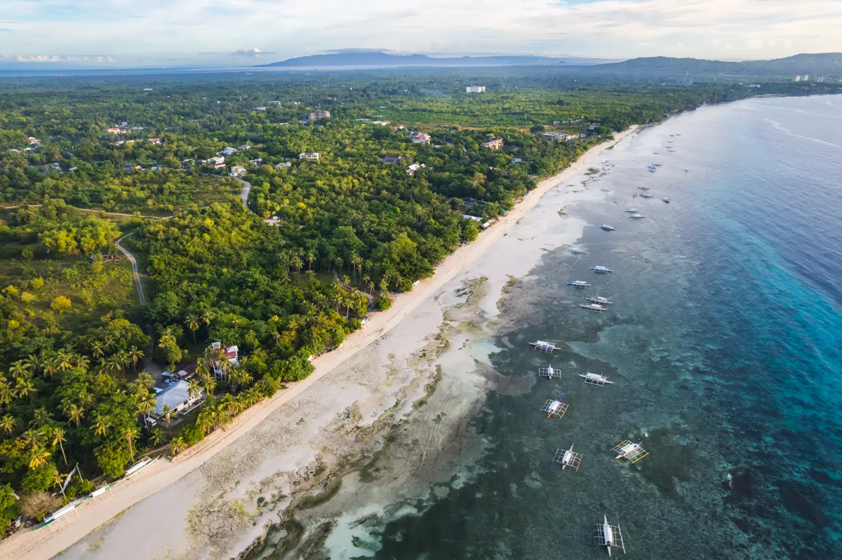 Aerial view of Bohol’s long sandy beach bordered by green vegetation on one side and clear blue sea with several small boats near the shore; buildings are scattered among the trees.