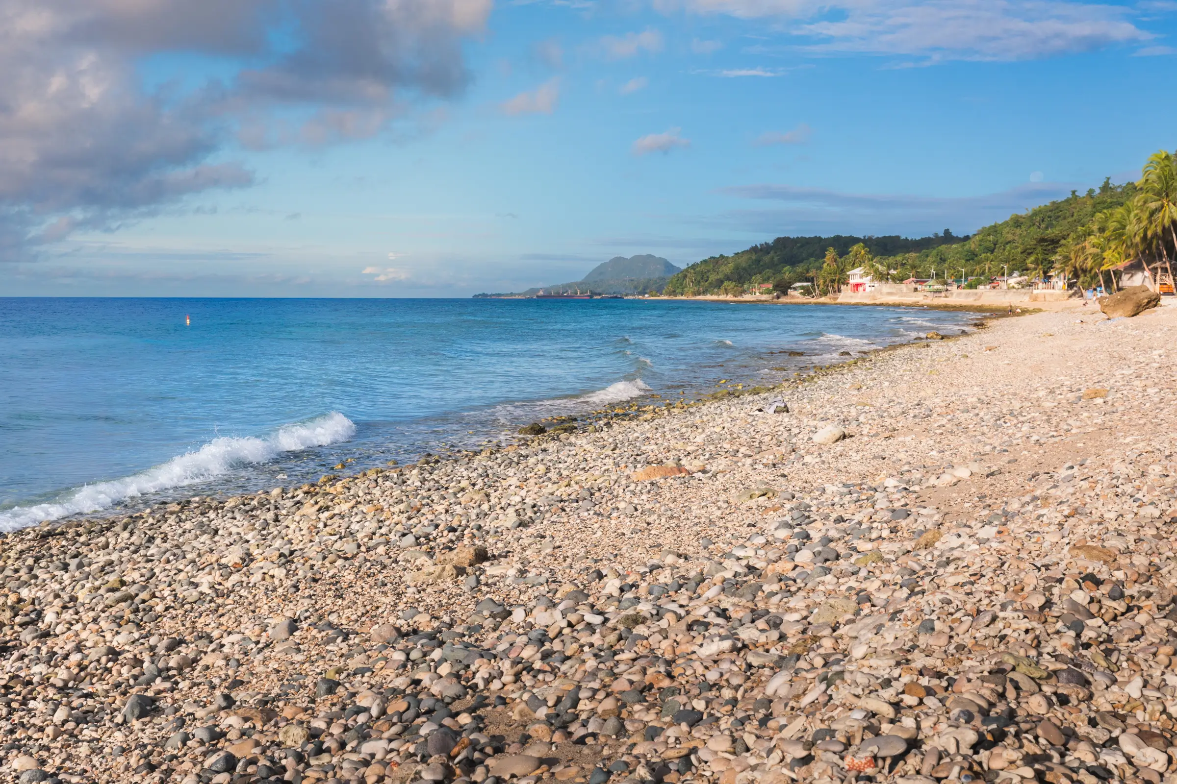 A rocky beach in Bohol with small waves, clear blue water, and scattered clouds in the sky. Palm trees and buildings line the shoreline, set against lush green hills in the background.