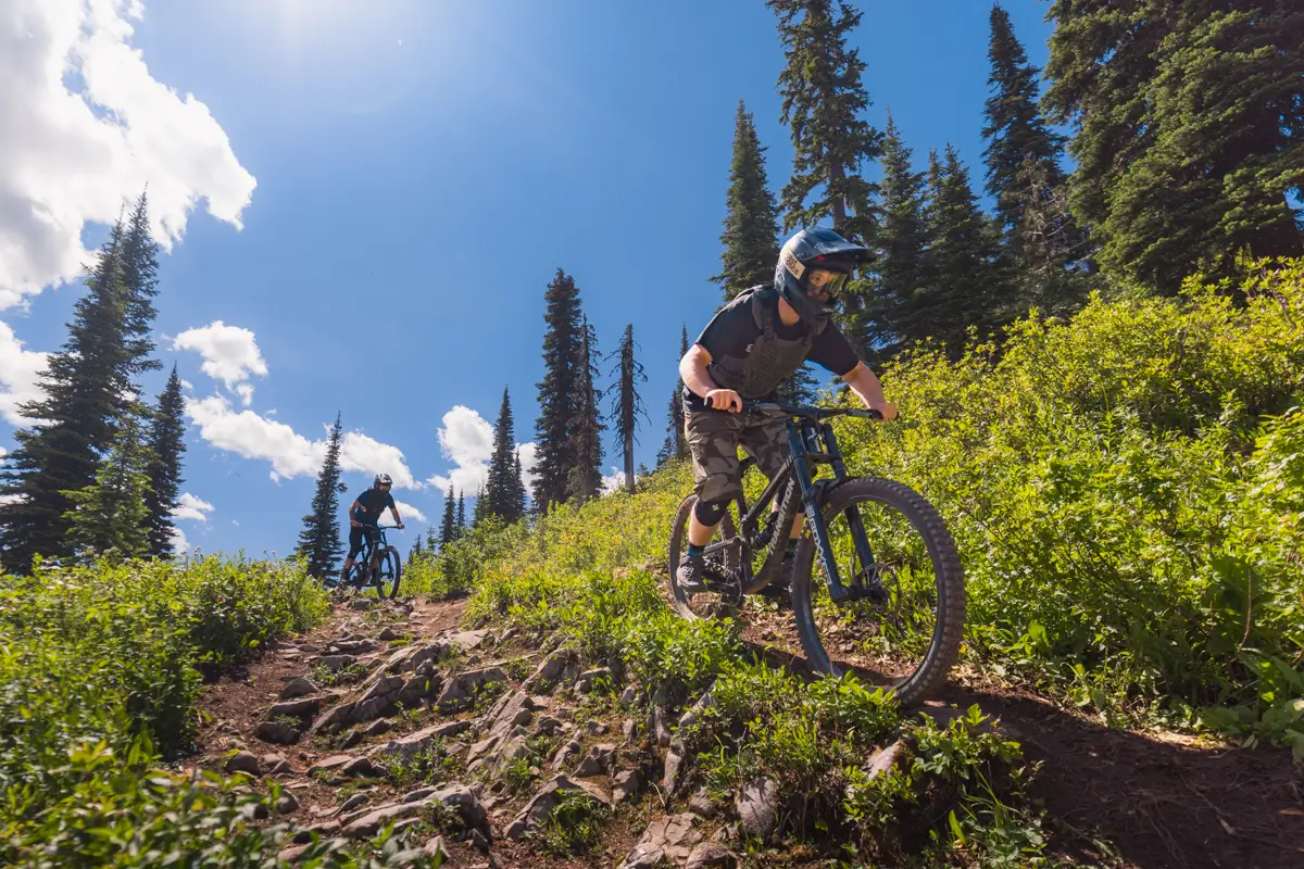 Two people ride mountain bikes down a rocky trail near Fernie, surrounded by green bushes and tall pine trees under a blue sky with scattered clouds.