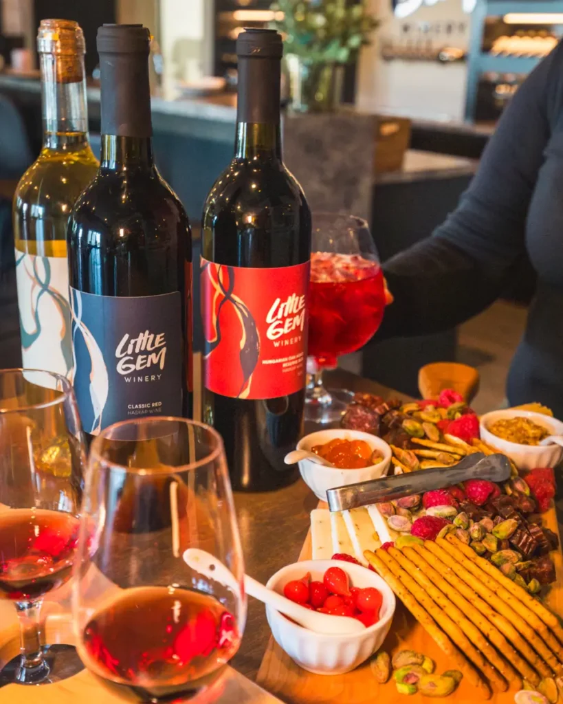 Three bottles of Little Gem Winery wine from Lethbridge are on a table with two glasses of red wine, a glass of red drink, and a charcuterie board featuring crackers, nuts, cherry tomatoes, and various dips.